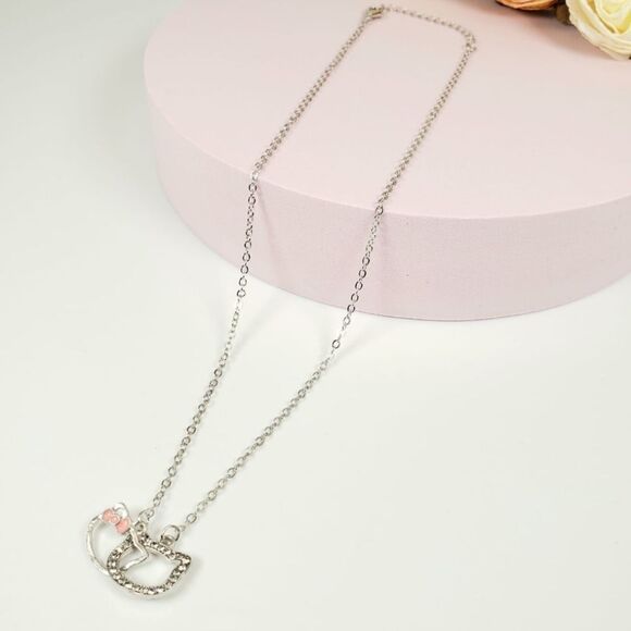 Brand New Double Hello Kitty Silver Rhinestone Necklace With Pink Ribbon - Picture 4 of 7